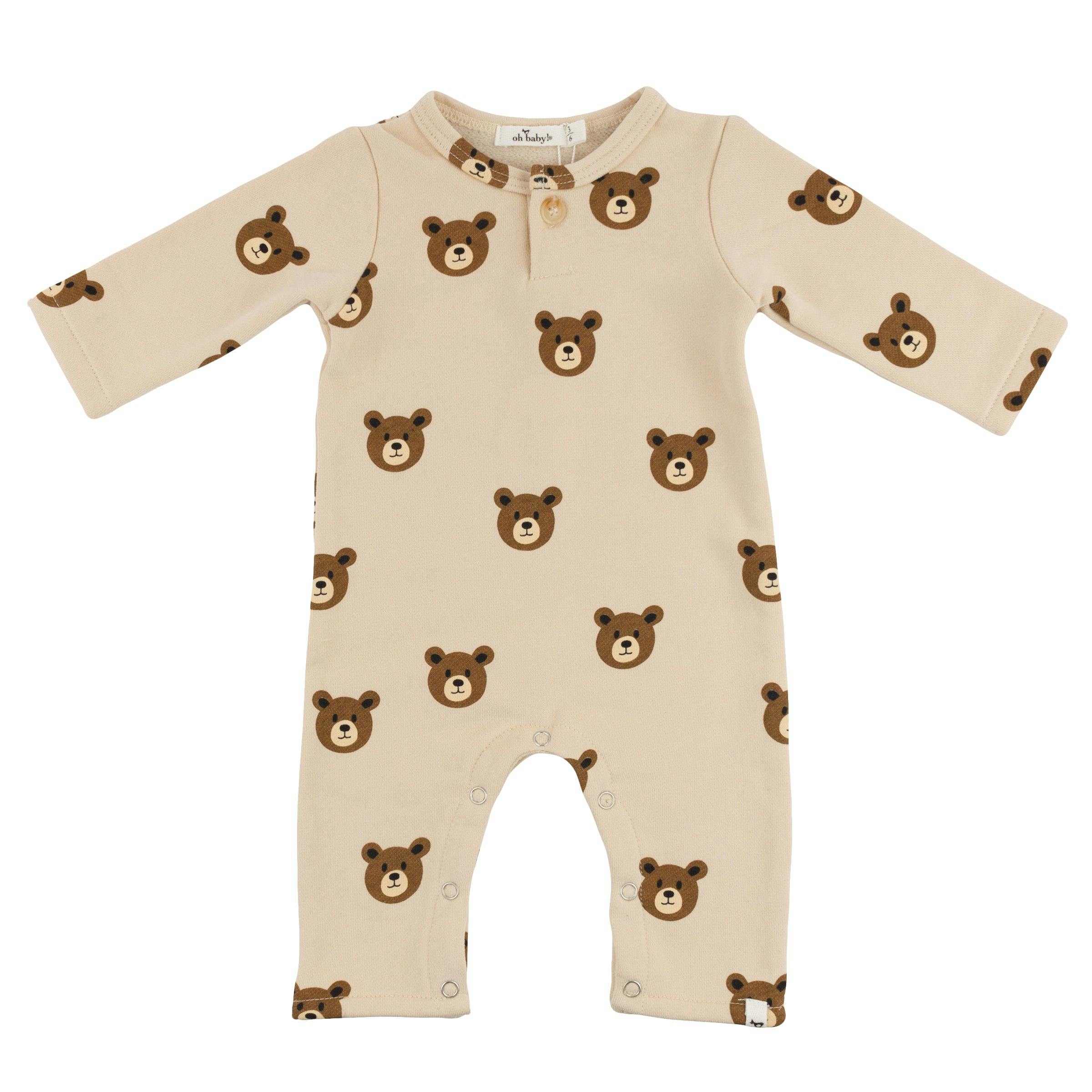 Teddy Face One Button Romper French Terry