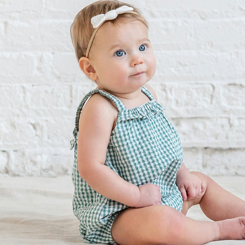 Rosalie Seersucker Ruffle Bubble Romper - Laguna Gingham