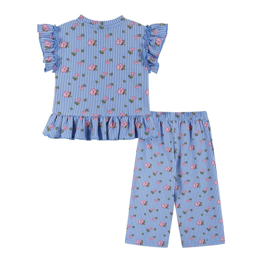 Infant Girls Knit Seersucker Top & Pant Set | Blue Floral