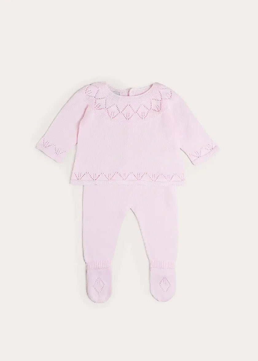 Diamond Openwork Three Piece Knitted Set in Baby Pink (1-9mths)