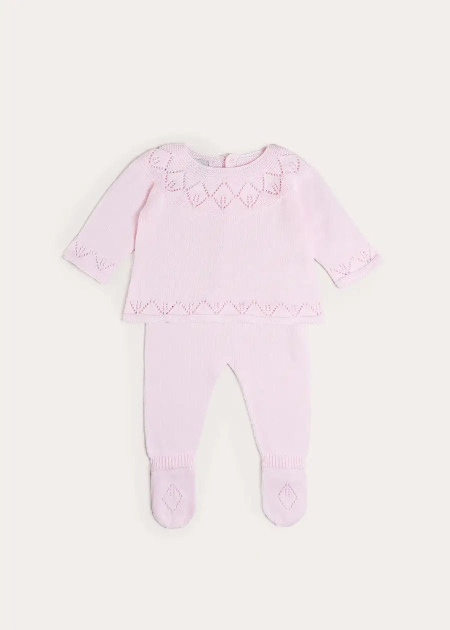 Diamond Openwork Three Piece Knitted Set in Baby Pink (1-9mths)