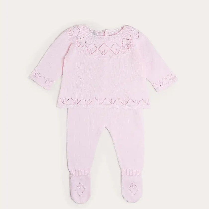 Diamond Openwork Three Piece Knitted Set in Baby Pink (1-9mths)
