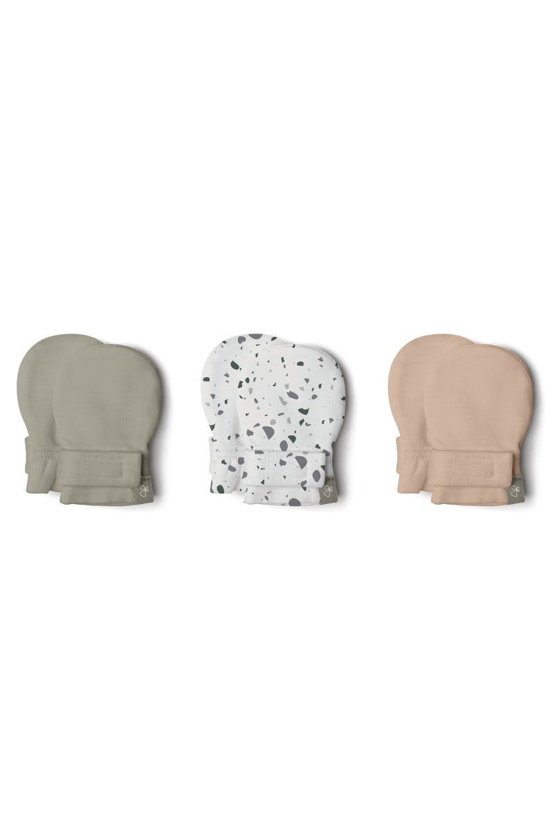 STAY ON 3-PACK MITTS | MOSS + TERRAZZO + SANDSTONE — Bamboo Organic Cotton Blend, 0–6M