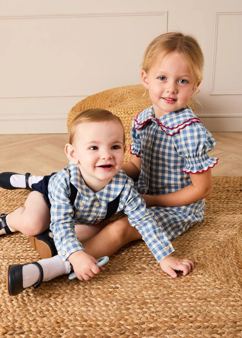 Darby Gingham Scallop Layered Collar Short Sleeve Blouse in Blue (18mths-12yrs)