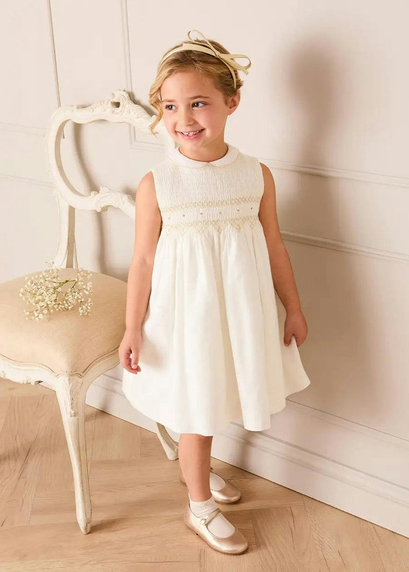 Hand Smocked Gold Embroidered Sleeveless Dress in Ivory (12mths- 10yrs)