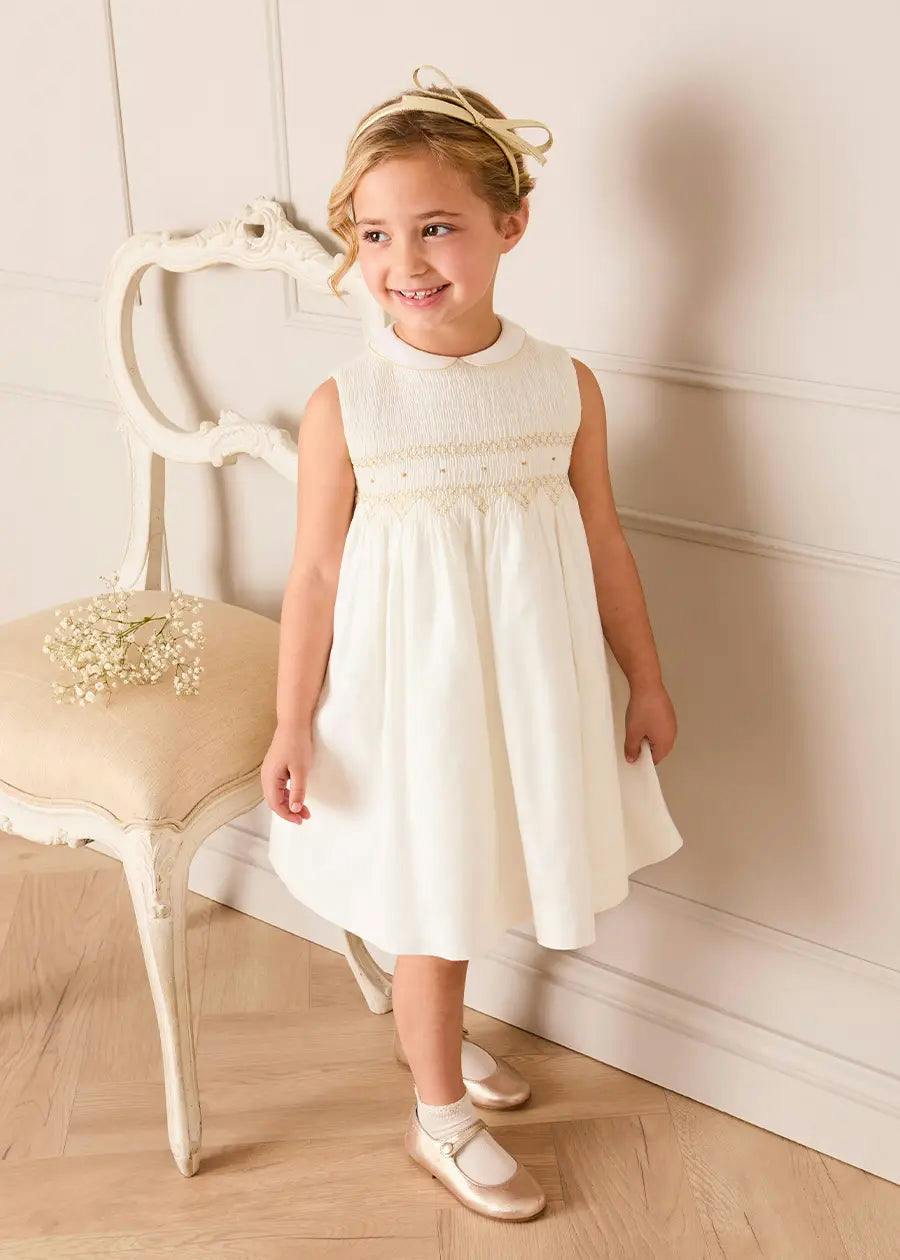 Hand Smocked Gold Embroidered Sleeveless Dress in Ivory (12mths- 10yrs)