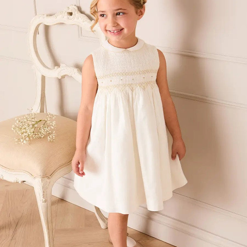 Hand Smocked Gold Embroidered Sleeveless Dress in Ivory (12mths- 10yrs)