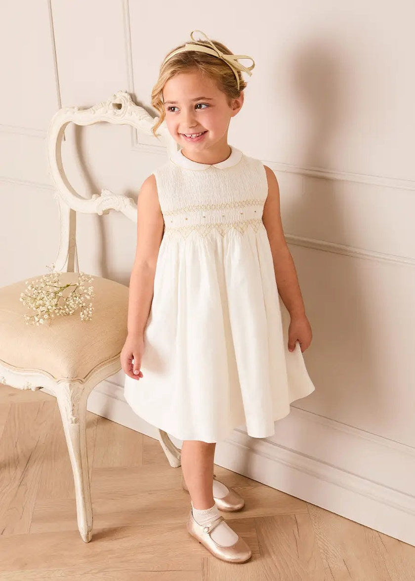 Hand Smocked Gold Embroidered Sleeveless Dress in Ivory (12mths- 10yrs)