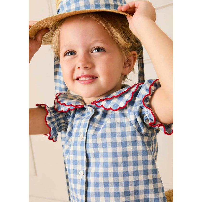 Darby Gingham Straw Boater Hat in Blue (M-L)