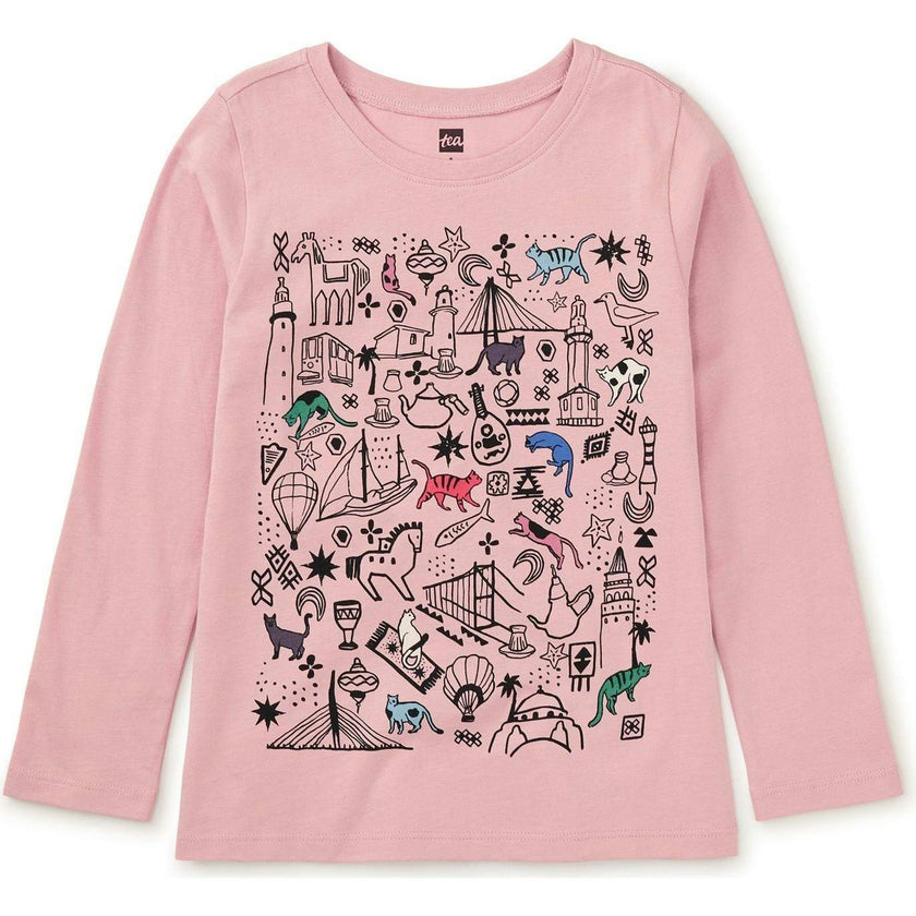 Istanbul Discovery Graphic Print Crew Neck Long Sleeve T-Shirt, Pink