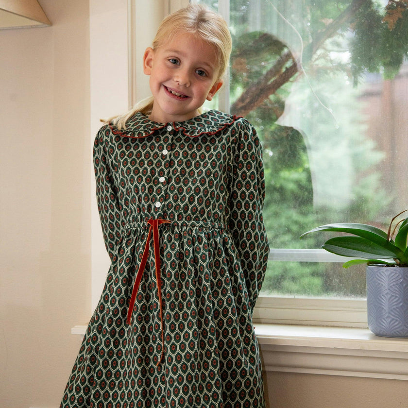 Girls Adelaide Velvet Tie Dress | Green Motif