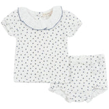 Pointelle With Flower Print 2 PCS Short Set With Ruffle Collar