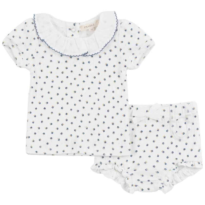 Pointelle With Flower Print 2 PCS Short Set With Ruffle Collar