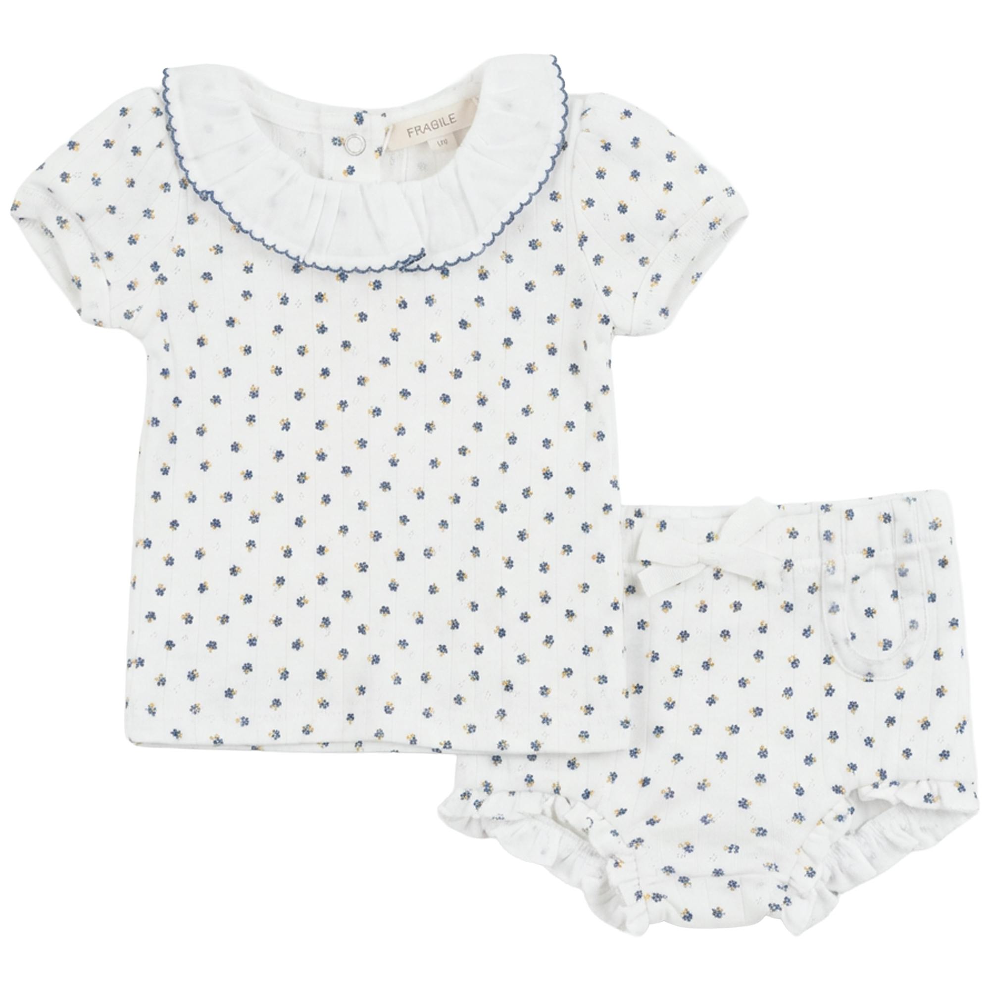 Pointelle With Flower Print 2 PCS Short Set With Ruffle Collar