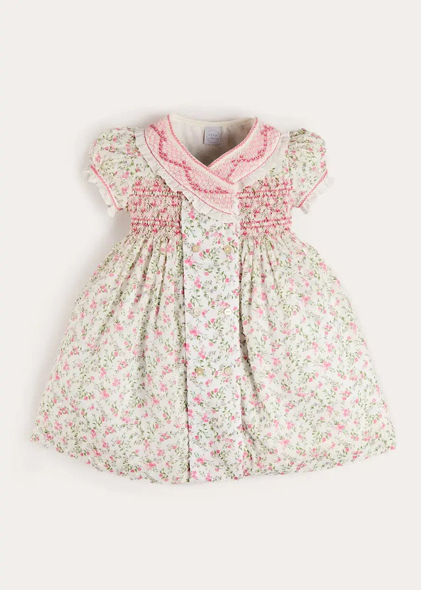 Alice Floral Double Breasted Hand Smocked Dress in Pink (12mths- 10yrs)