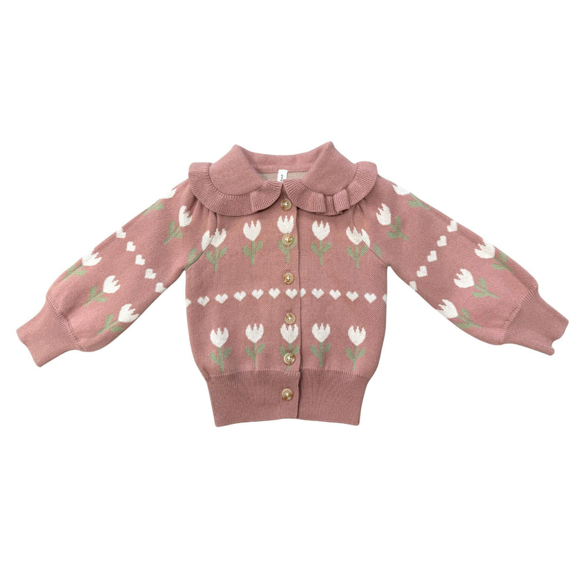 Girls Floral Knit Cardigan in Tulip Heart Intarsia