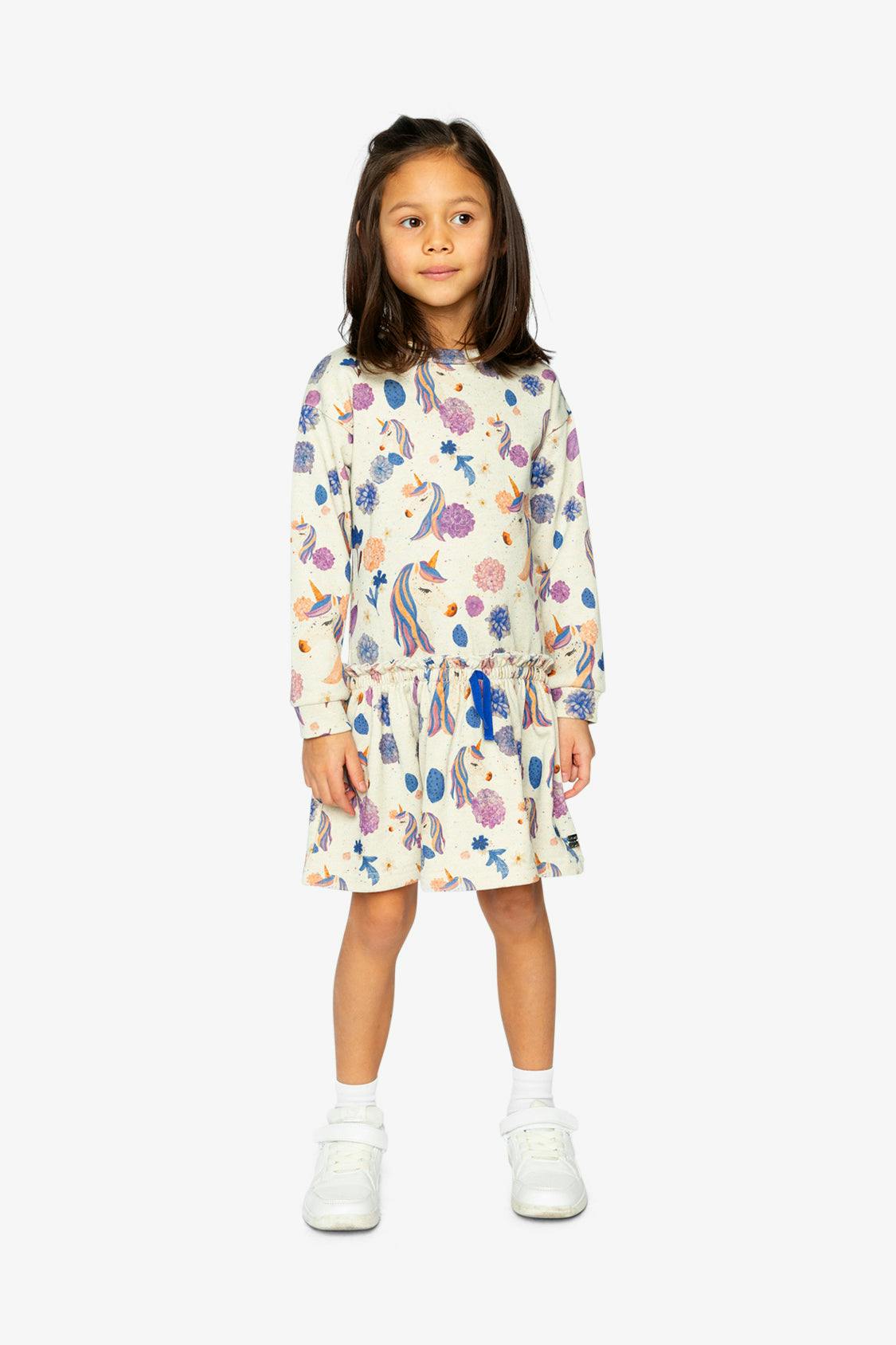French Terry Dress Beige Unicorn Print