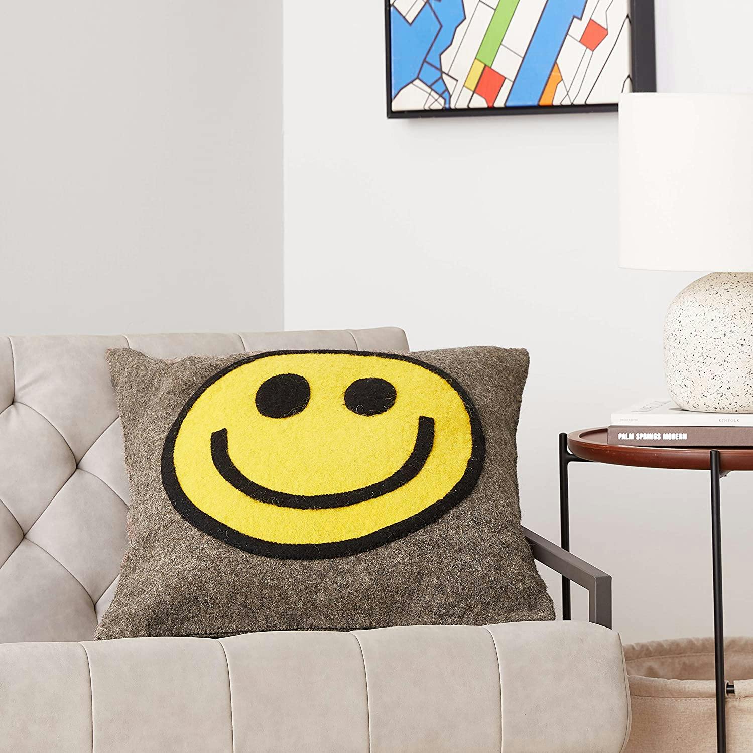 Hand Felted Wool Happy Sad Face Pillow - 20