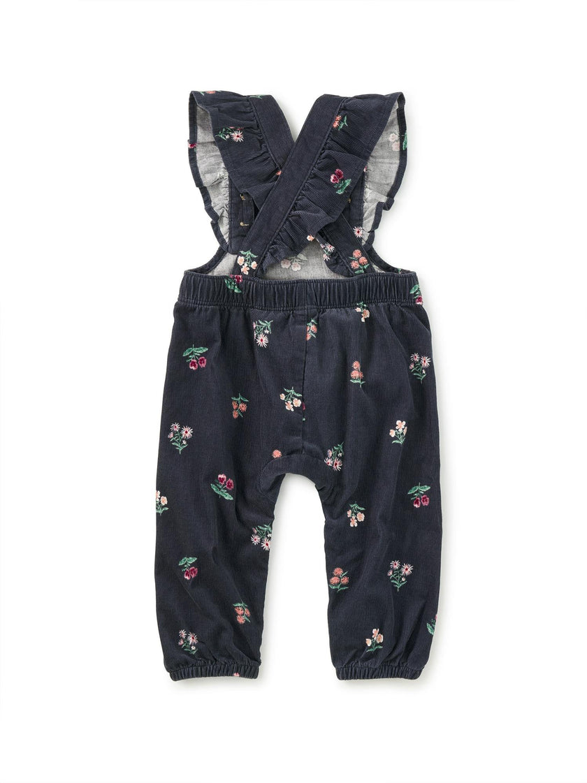 Corduroy Ruffle Baby Overalls, Midnight Posy