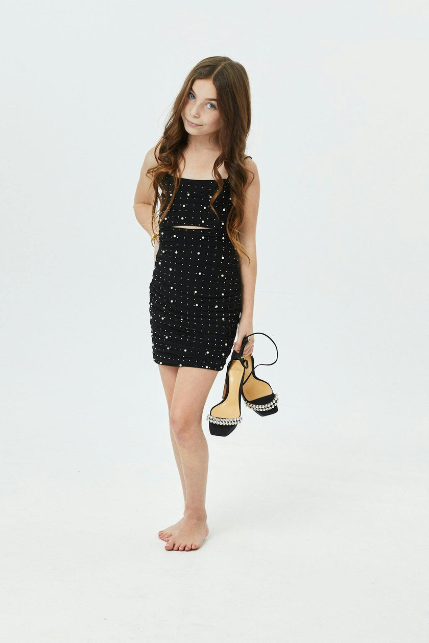 Maddison Black Pearl & Stud Mesh Cut Out Dress