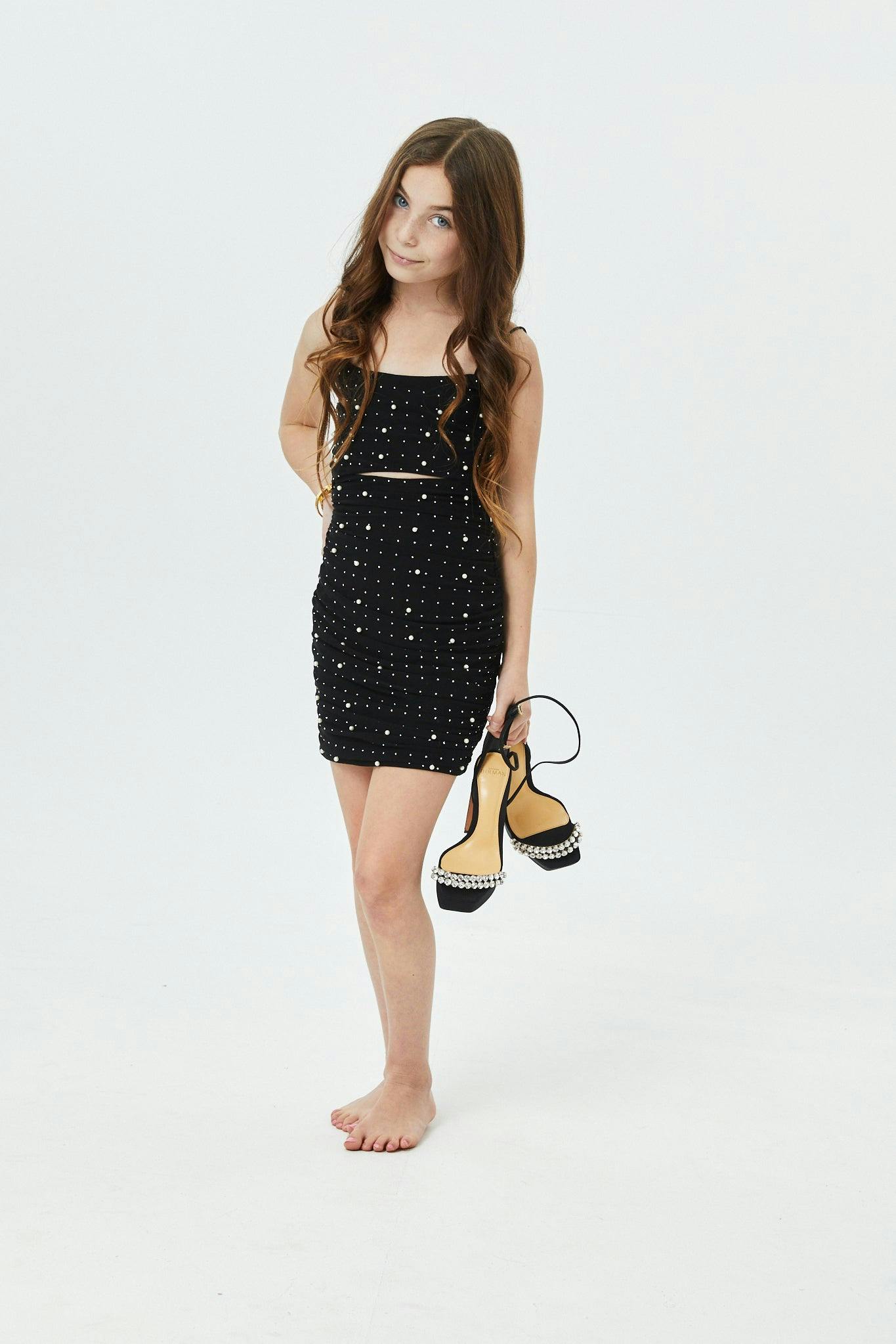 Maddison Black Pearl & Stud Mesh Cut Out Dress