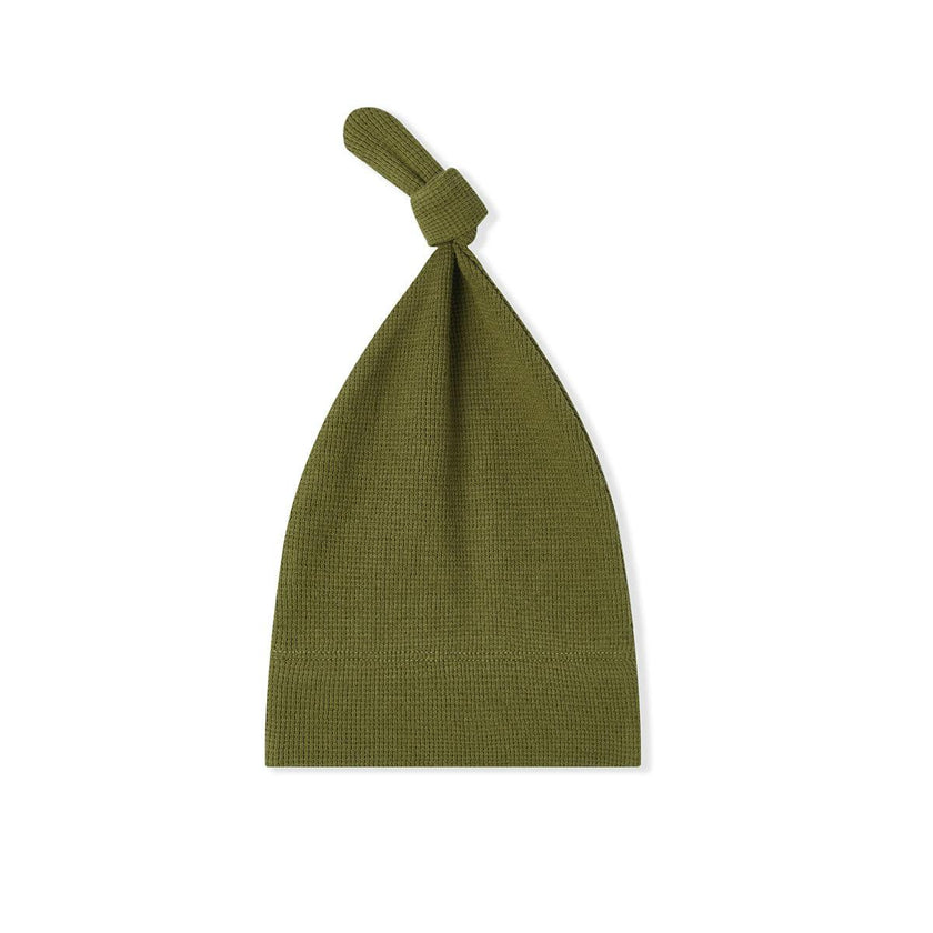 Olive Waffle Knotted Beanie Hat