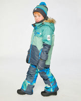 Two Piece Play Snowsuit Green And Navy Colorblock With Blue Camouflage Pants
