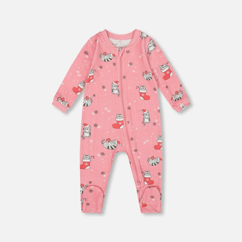 One-Piece Organic Cotton Pajama Pink Cat Print