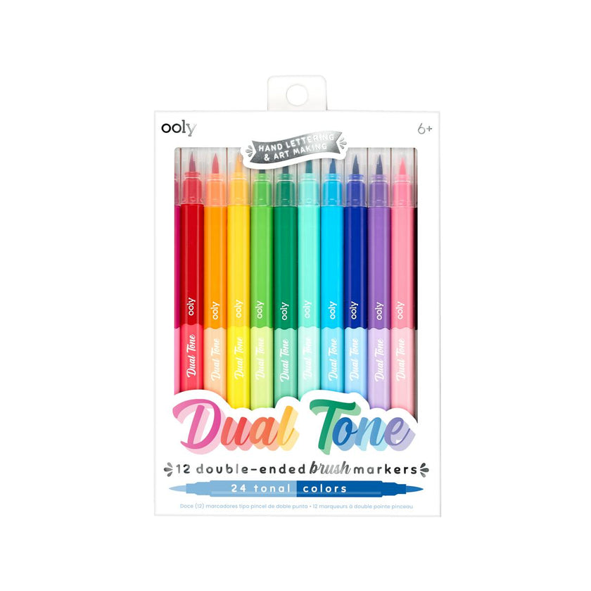 Dual Tone Double Ended Brush Marker - 24 Colors - Set of 12