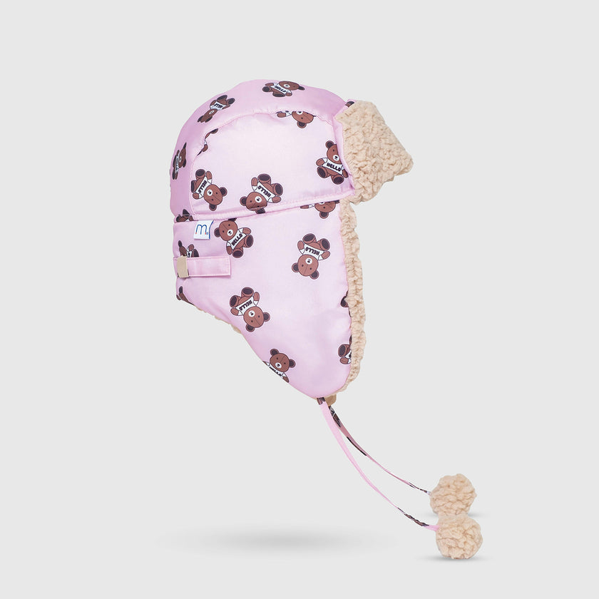 The Cozy Trapper Hat – Teddy Bears Print with Irish Cream Sherpa Liner & Pompoms