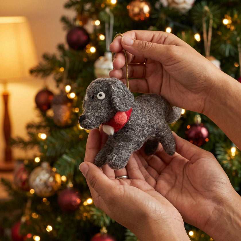 Handmade Felt Gray Dog Christmas Ornament