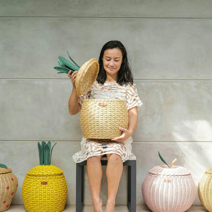 Handcrafted - Pineapple Storage Basket Natural (Medium) - Rattan Wicker
