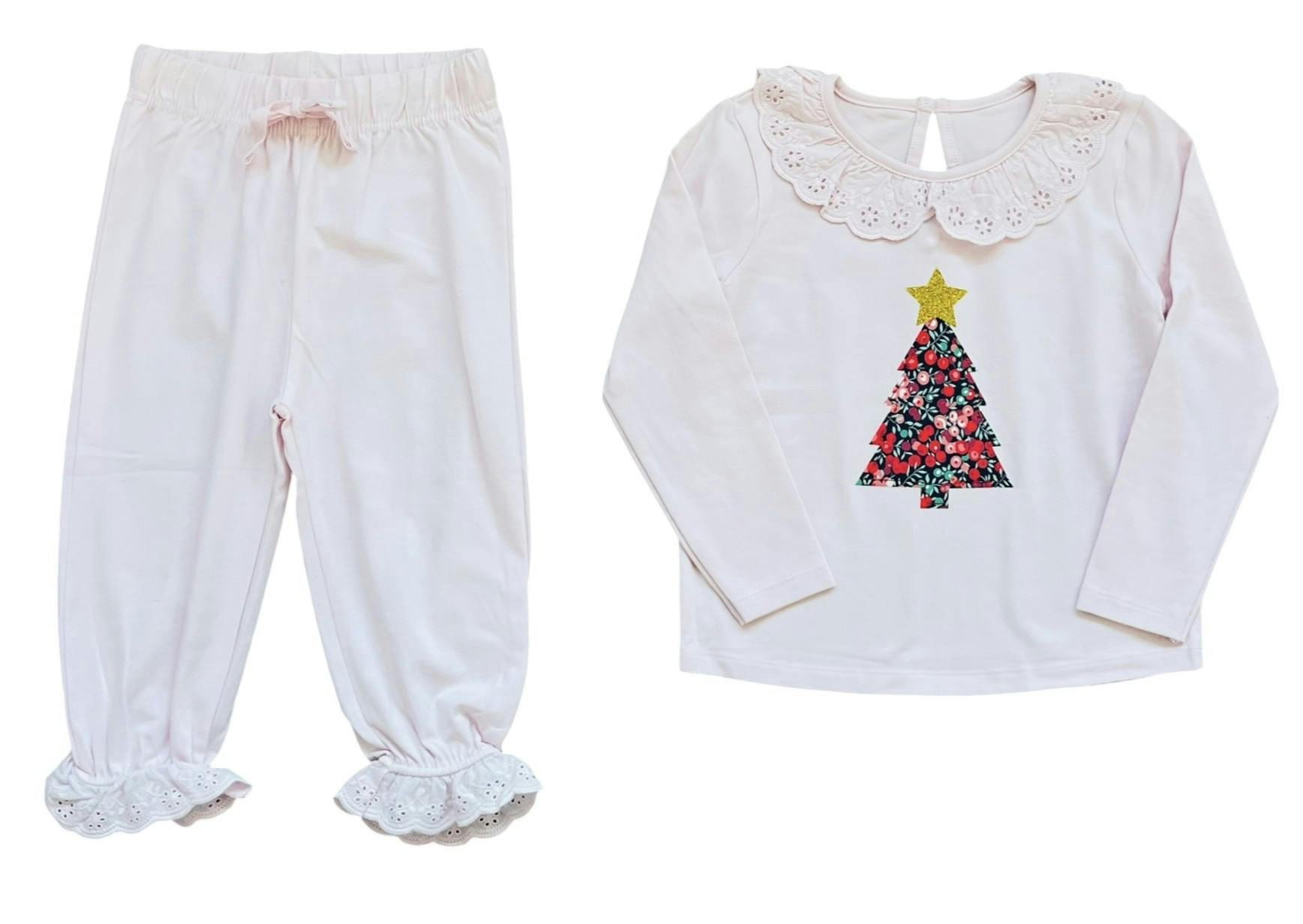 Liberty of London children's Christmas tree frilled pyjamas - pink