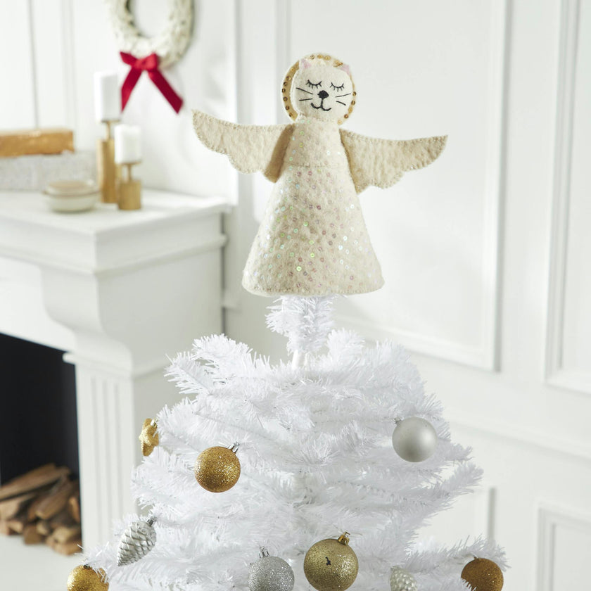 Handmade Cat Angel Felt Christmas Tree Topper Cream