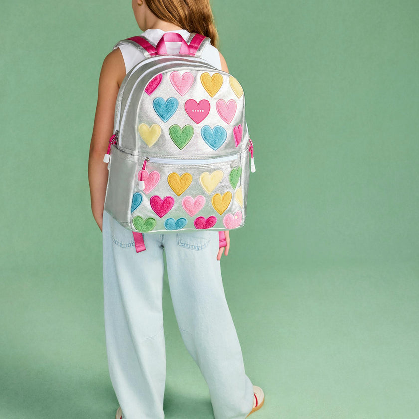 Kane Double Pocket Backpack, Metallic Happy Fuzzy Hearts