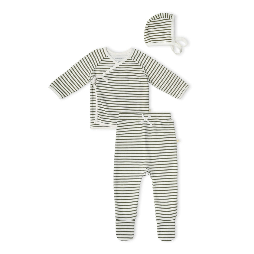 Organic Kimono Top & Footed Pants Set - Olive Stripes