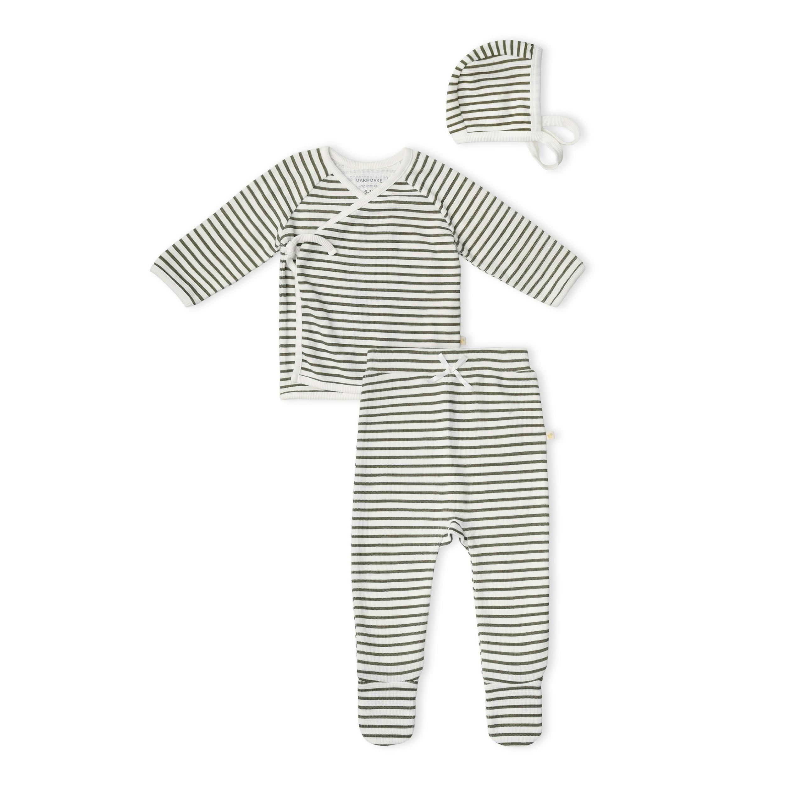Organic Kimono Top & Footed Pants Set - Olive Stripes