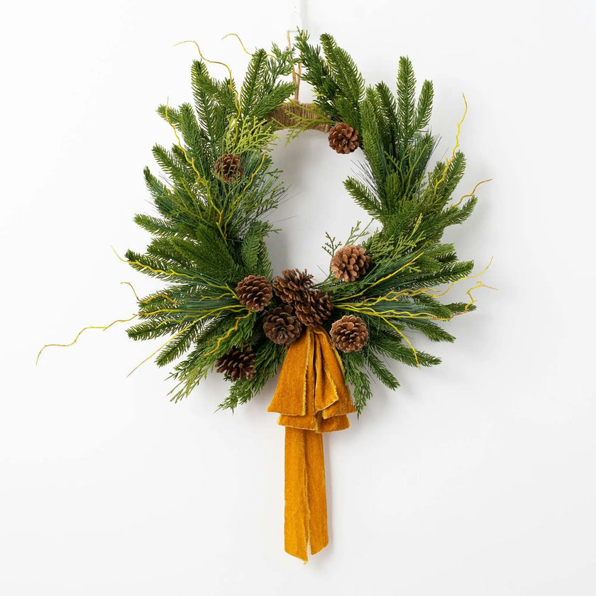 Evergreen Forest Mixed Greens & Pine Cone Holiday Winter Front Door Crest Christmas Wreath with Gold Velvet Bow