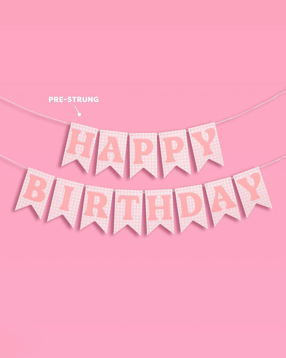Gingham Birthday Banner - pre-strung banner