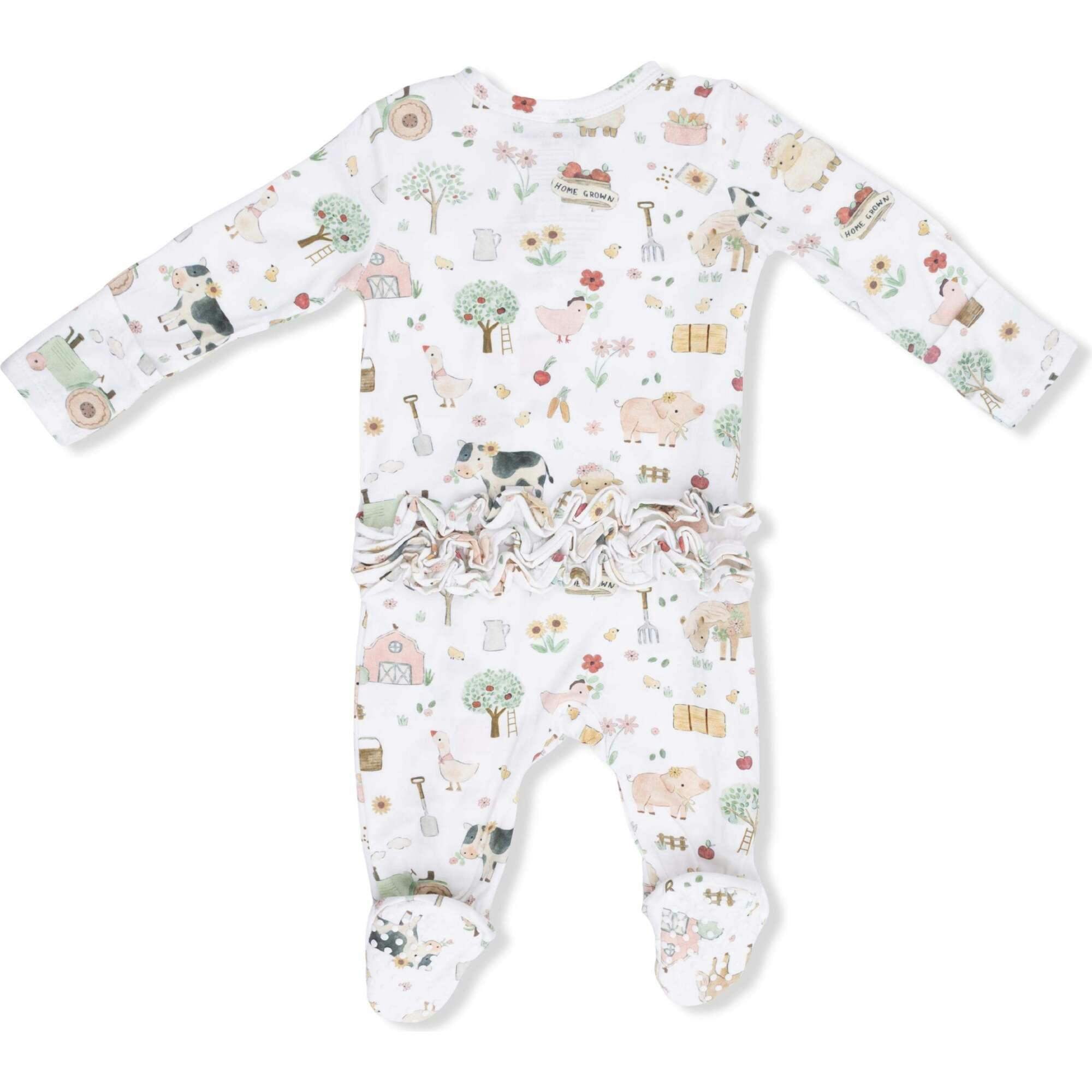 Cute Farm Animals Pink - 2 Way Ruffle Back Zipper Footie