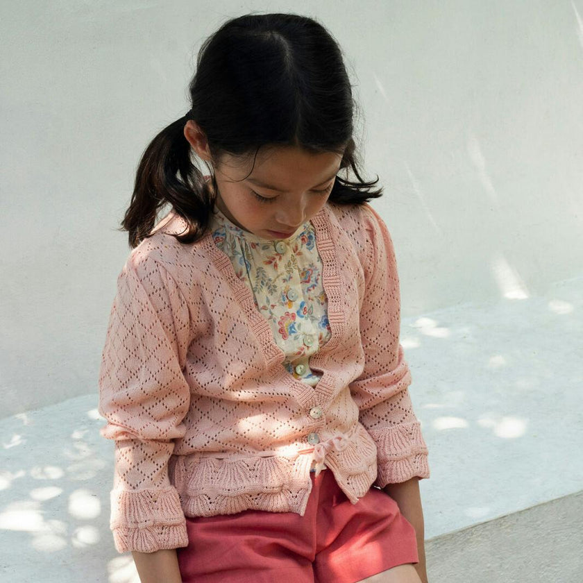 Lacy Knit Scalloped V-Neck Long Cuffed Sleeve Tie Waist Cardigan