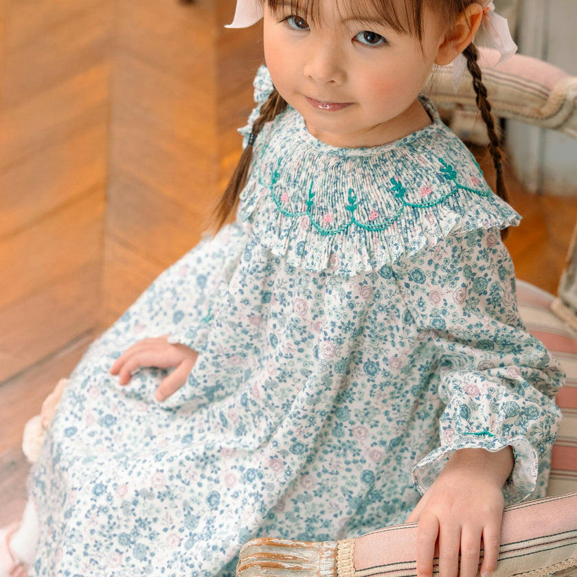 Yse Blue Floral Long Sleeve Bishop Dress