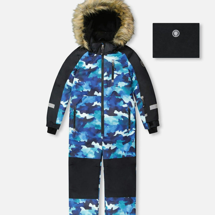 One-Piece Play Snowsuit Teal Blue Camouflage