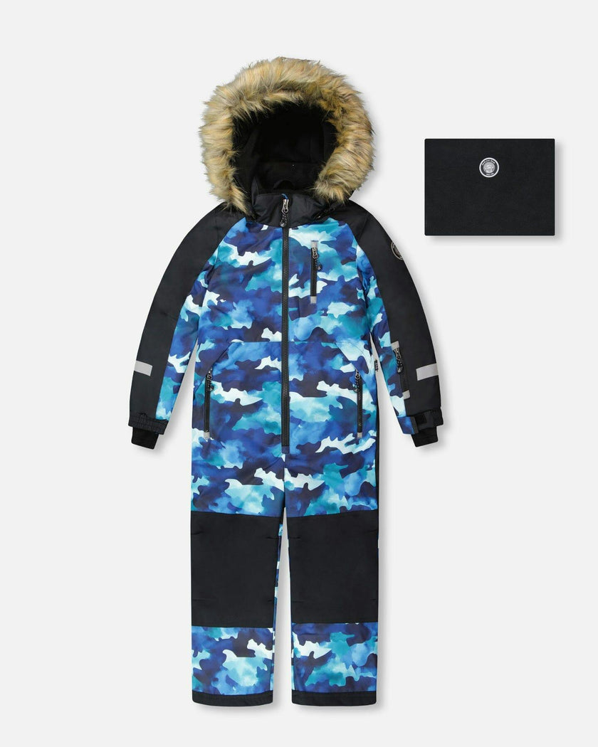 One-Piece Play Snowsuit Teal Blue Camouflage
