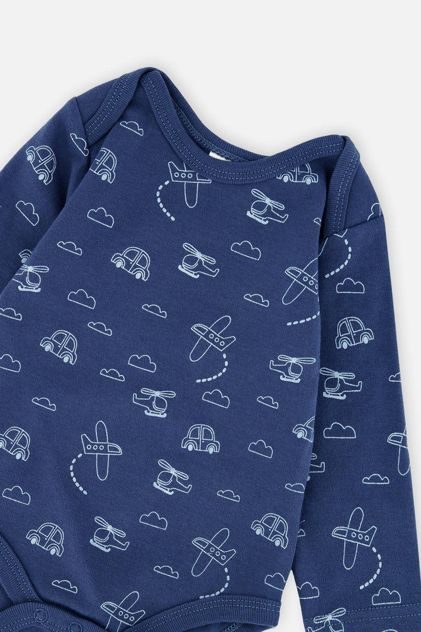 Organic Cotton Onesie With Overalls Set Blue Printed Transportation