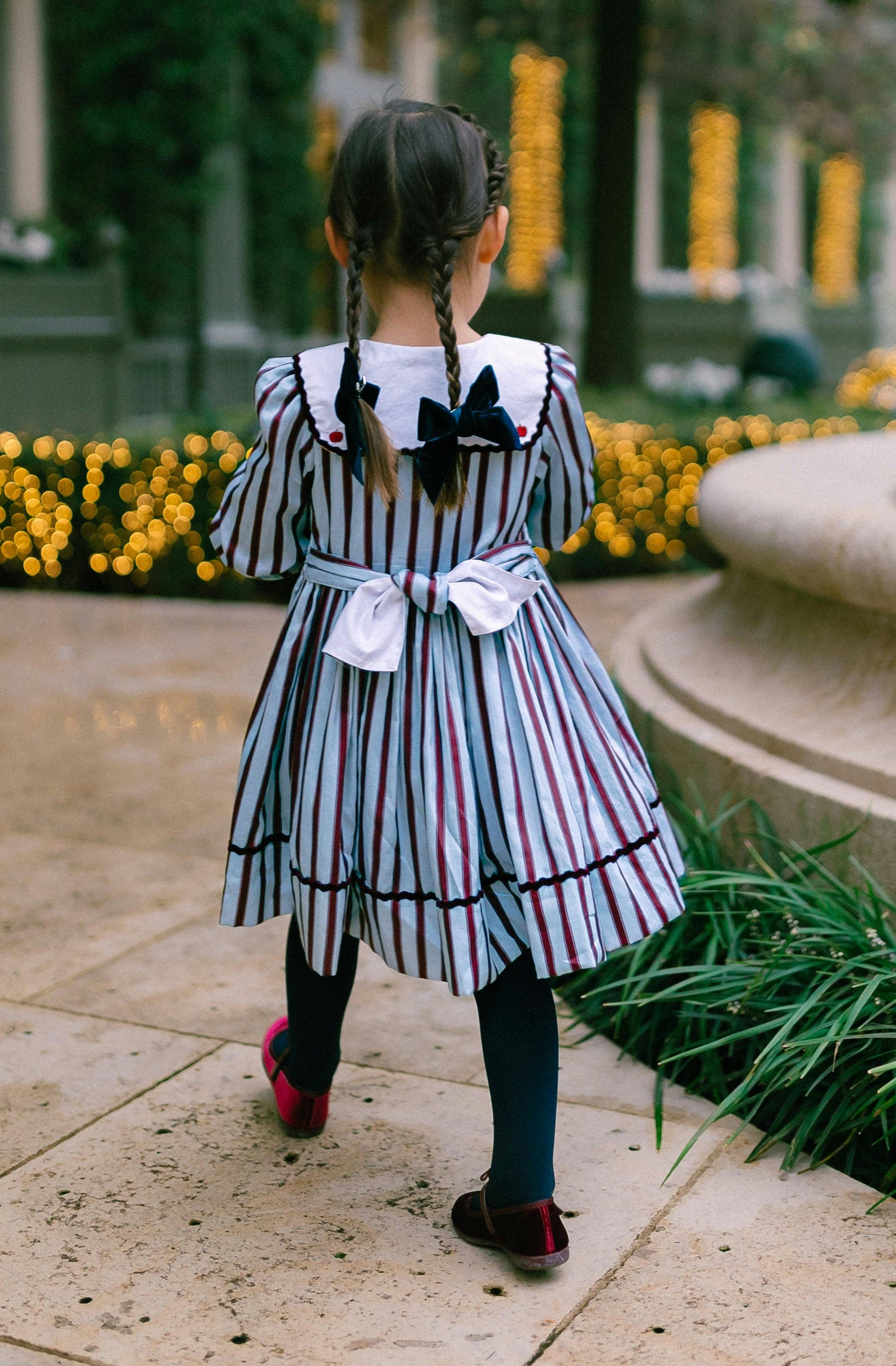 MARINE STRIPE BLUE BURGUNDY SMOCKED DRESS