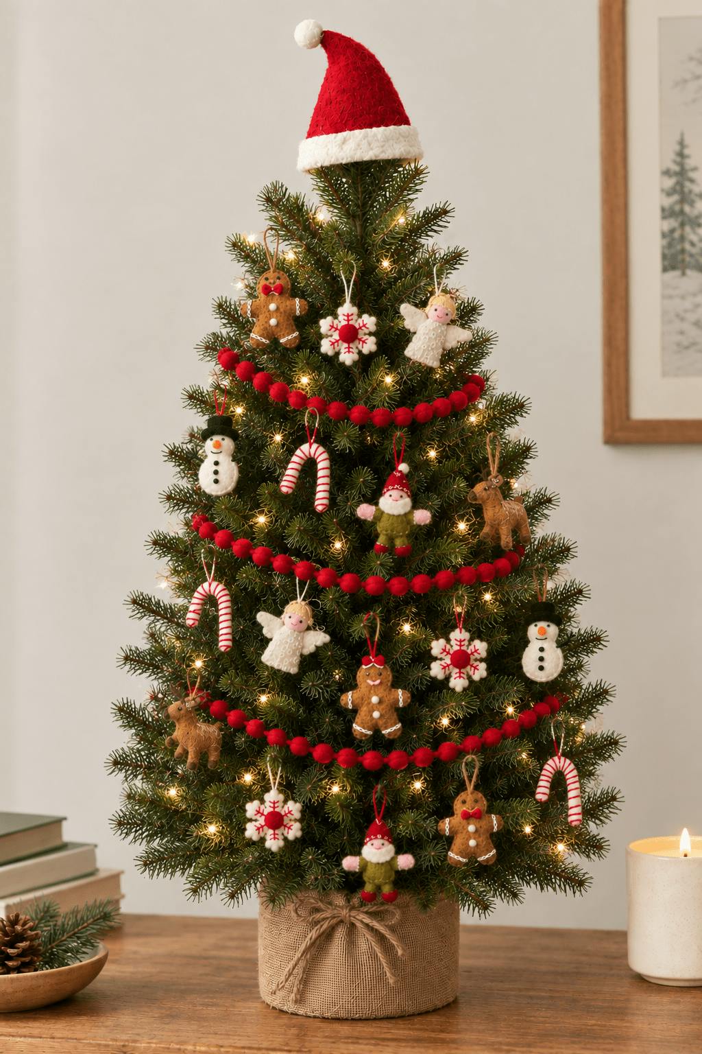 24 Piece Set- Iconic Christmas Mini Tabletop Tree Set- Hand Felted Wool