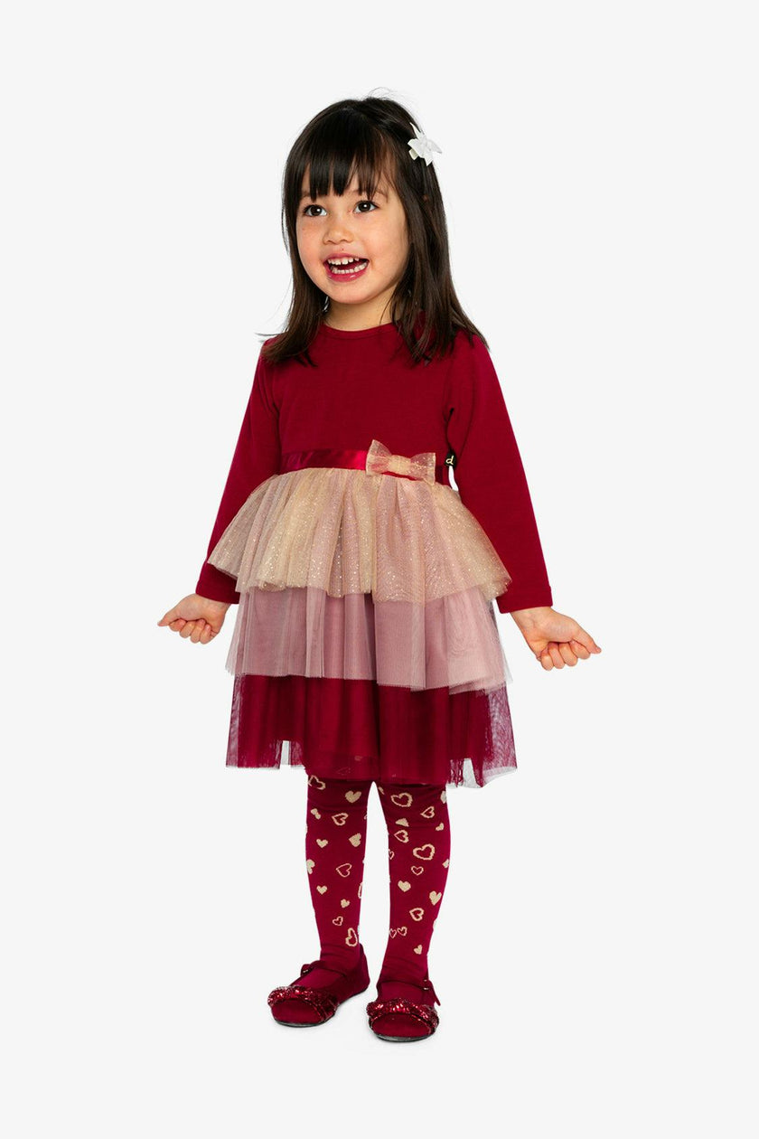 Bi-Material Dress With Glittering Skirt Red