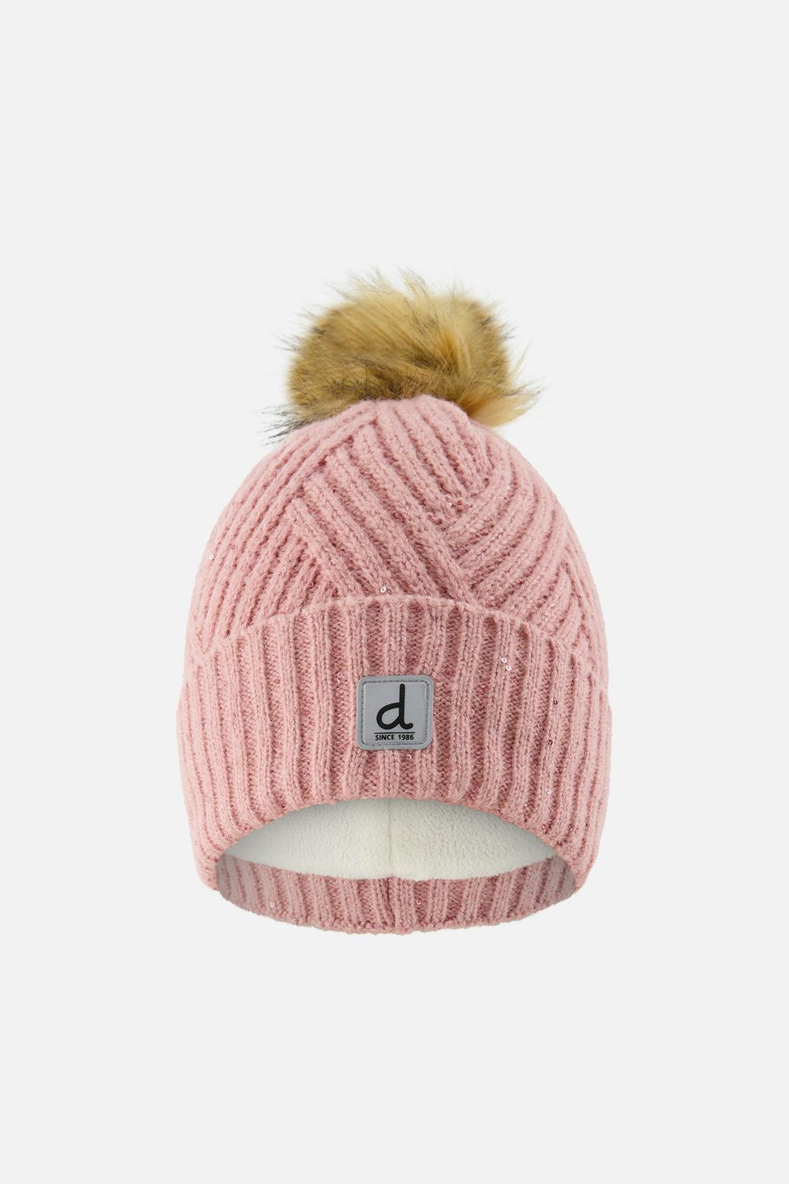 Winter Knit Hat with Pompom Pale Dusty Pink