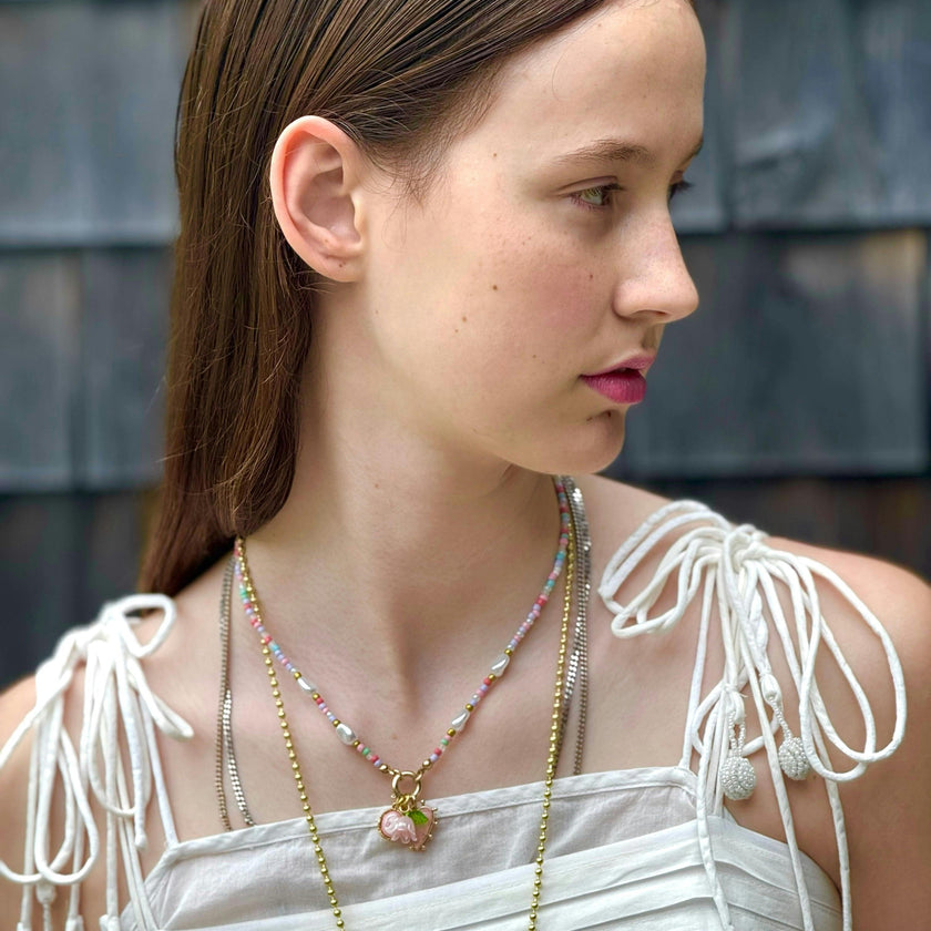 BEADED PEARL FLORAL HEART CHARM NECKLACE